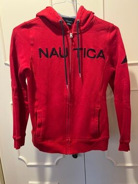 Nautica Red Hooded Full-Zip Sweatshirt with Black Logo